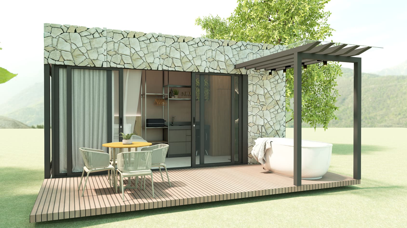 Cabana modular Iron House com vista para as montanhas